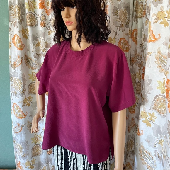 DOUGLASS 100% Silk Round Neck Short Sleeve Blouse Size L Purple - Picture 2 of 5